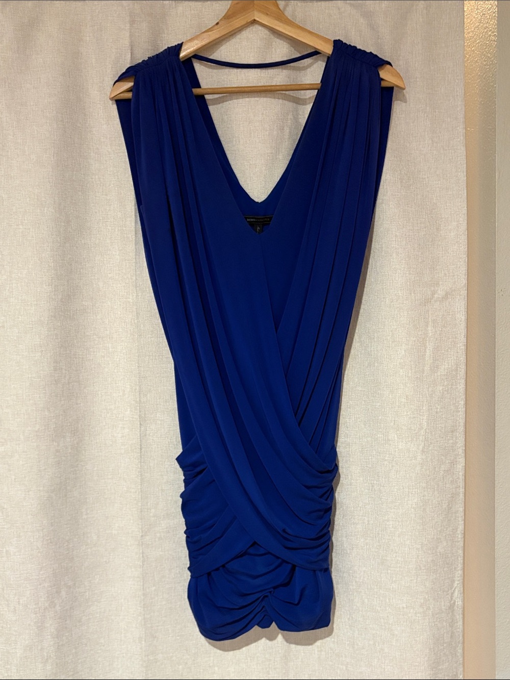BCBGMAXAZRIA Royal Blue Draped Ruched V-Neck Mini Dress Size M